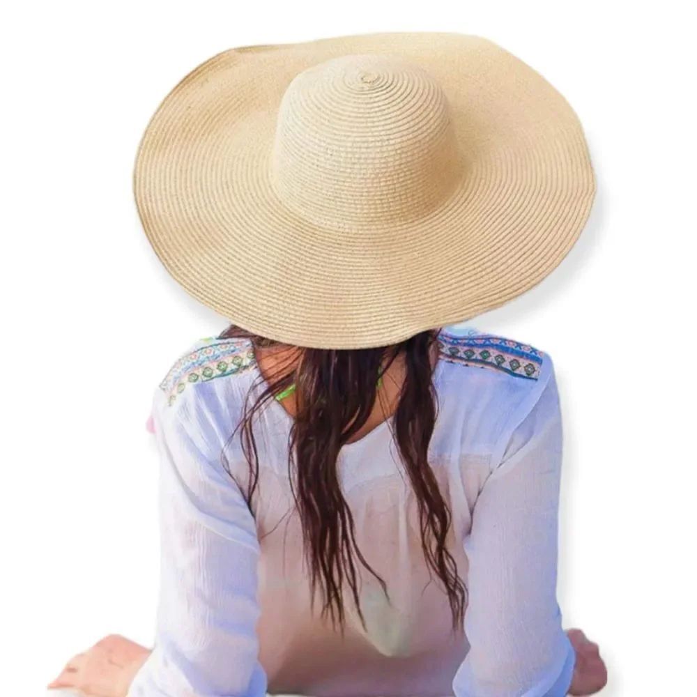 BeigeโWide Brim Straw Sun Hat Medium Foldable Raffia Floppy Chin Strap NWT